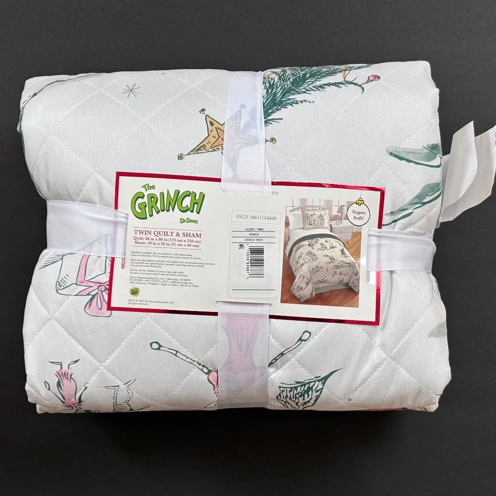 Dr. Seuss The Grinch Kids Twin Bed Quilt & Sham Set Christmas Holiday NWT